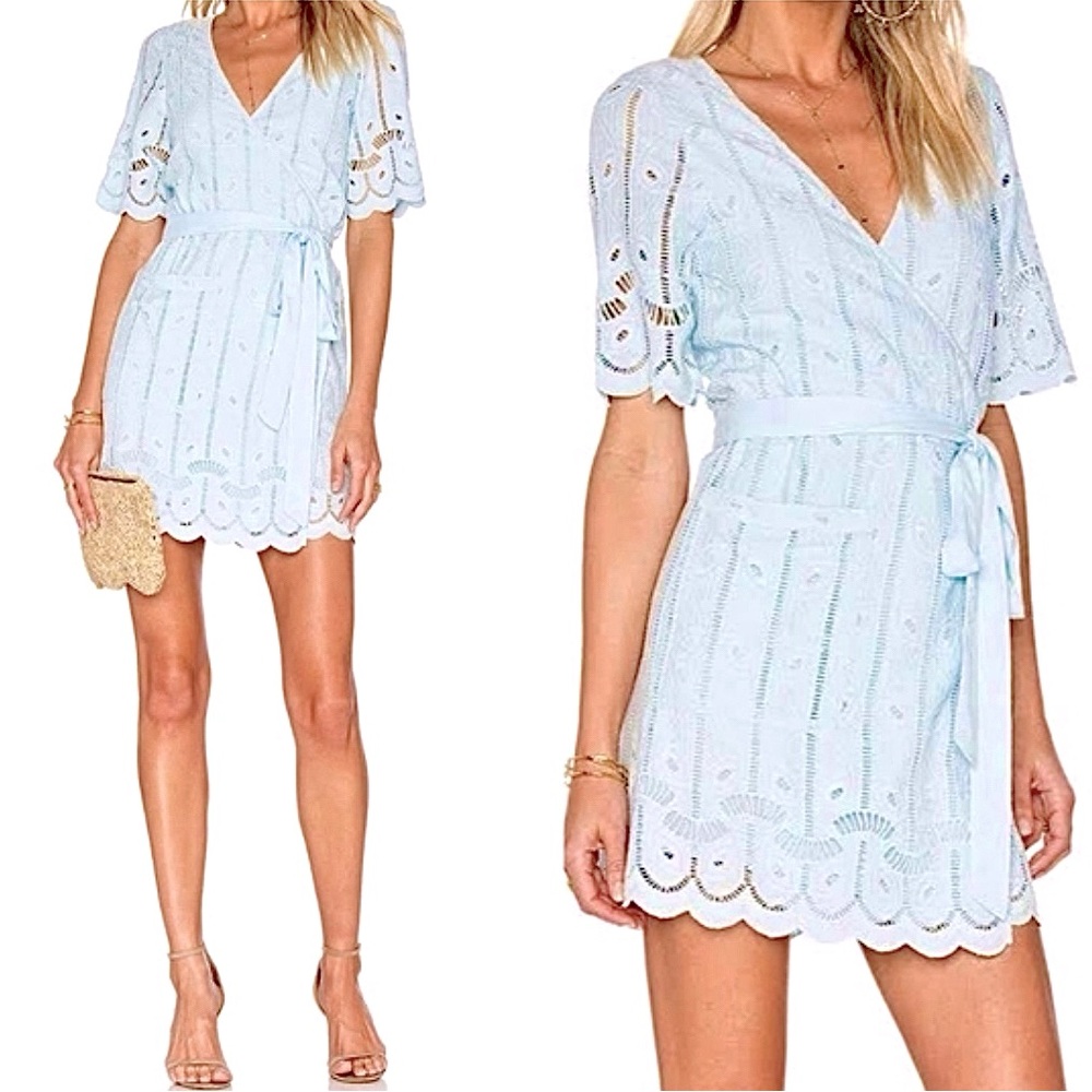 Tularose Baby Blue Embroidered Eyelet Wrap Dress
